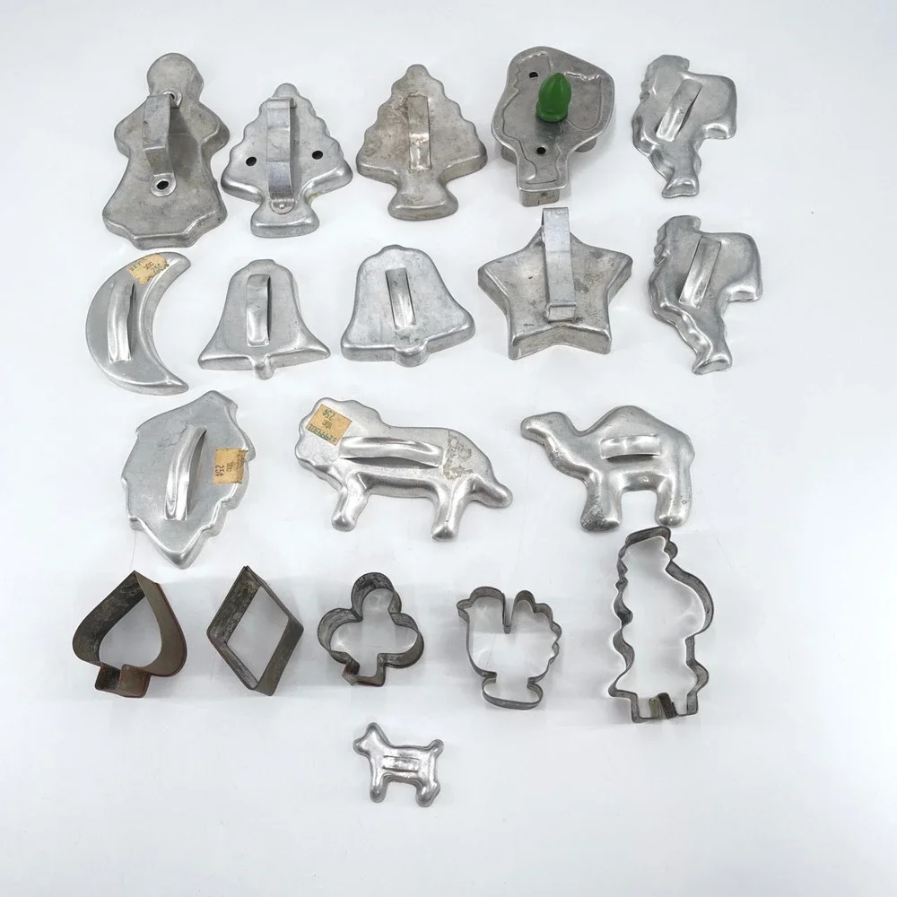 Vintage Aluminum Cookie Cutter Lot 19pc Mixed Christmas Animals Stars Hearts